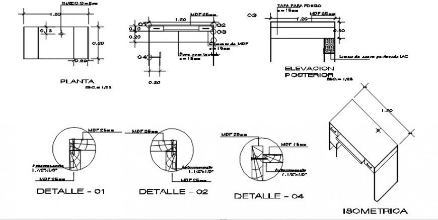 School Desk Table CAD Plan with Section and Elevation View