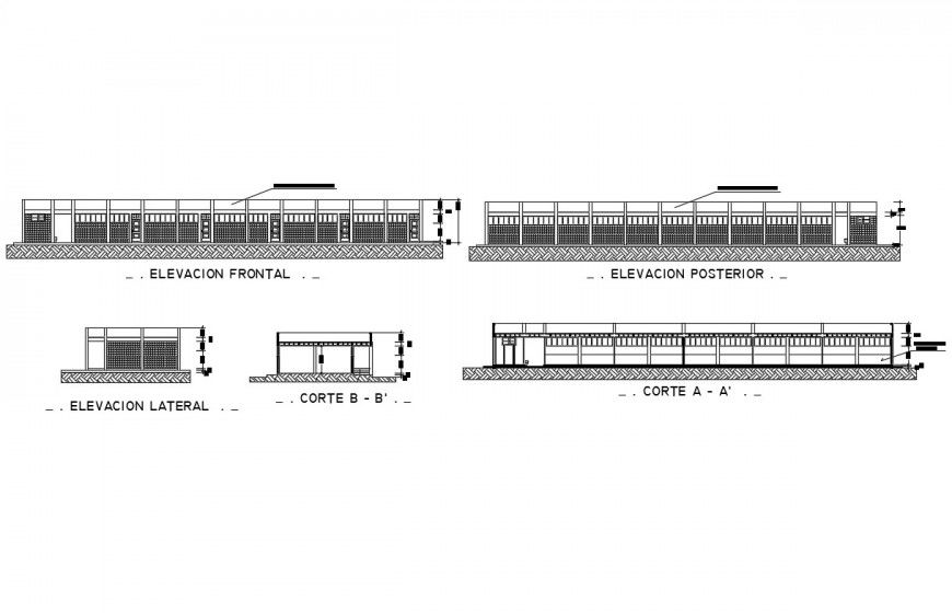 School facade and back elevation with sectional details dwg file