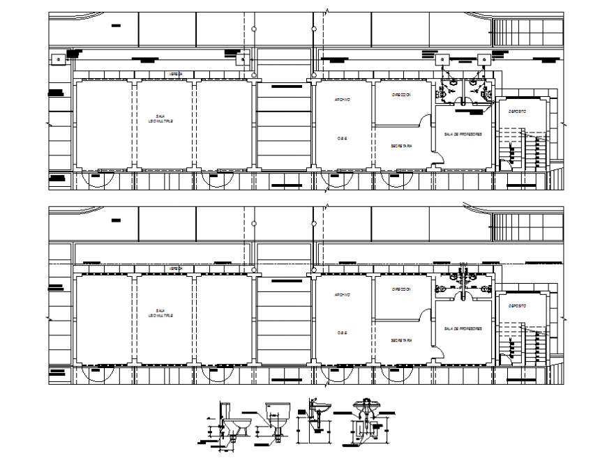 School floors plan and sanitary installation details dwg file
