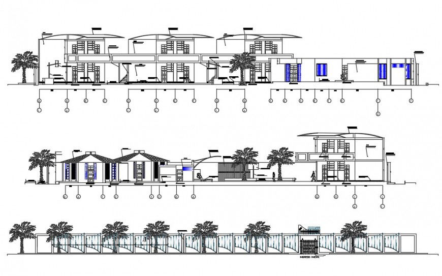 School front elevation and section details with compound wall cad drawing details dwg file