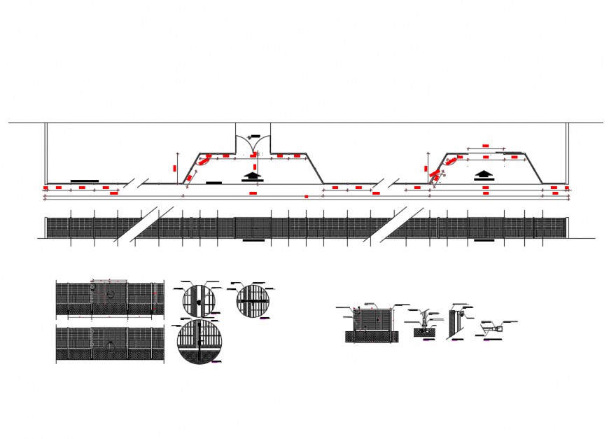 School gate elevation, section and plan details with fence auto-cad details dwg file