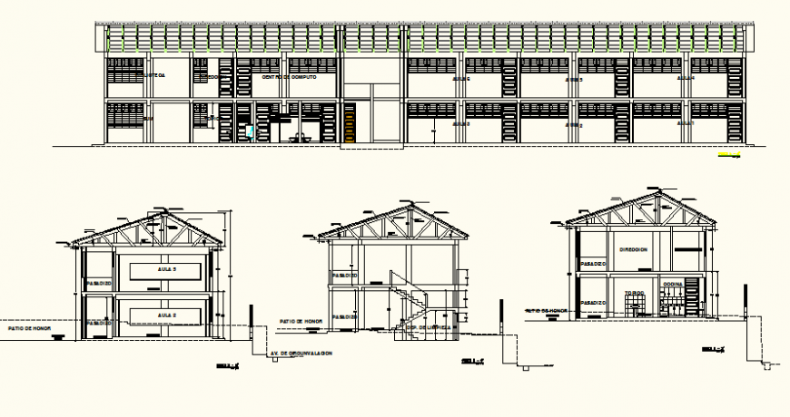 School institute building elevation and plan dwg file