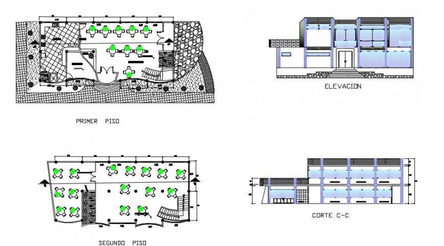 School layout plan and elevation detail of school dwg file