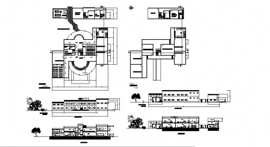 School of architecture elevation, section and floor plan cad drawing ...