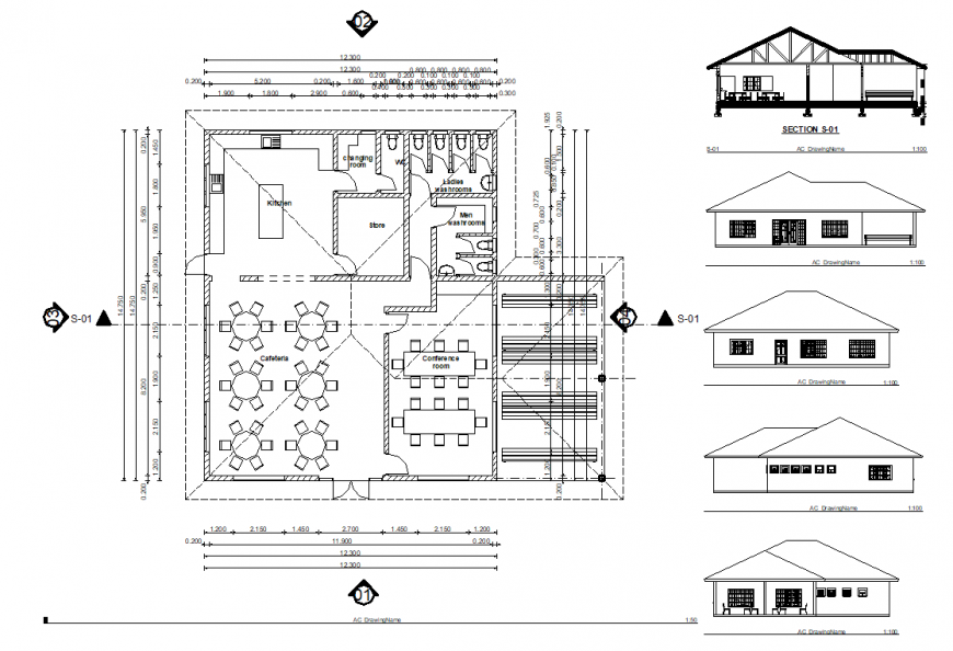 School restaurant plan, elevation and section detail dwg file
