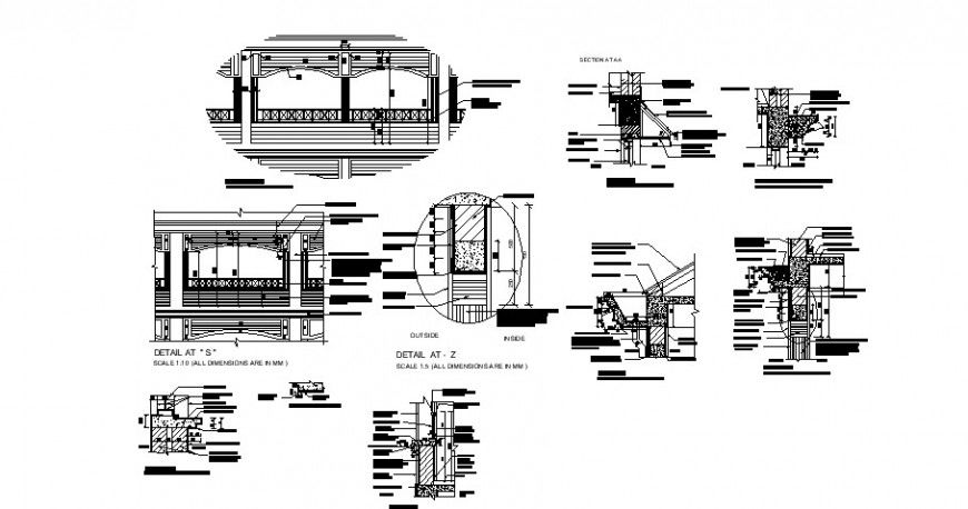 School roof section and construction details with wall blocks dwg file