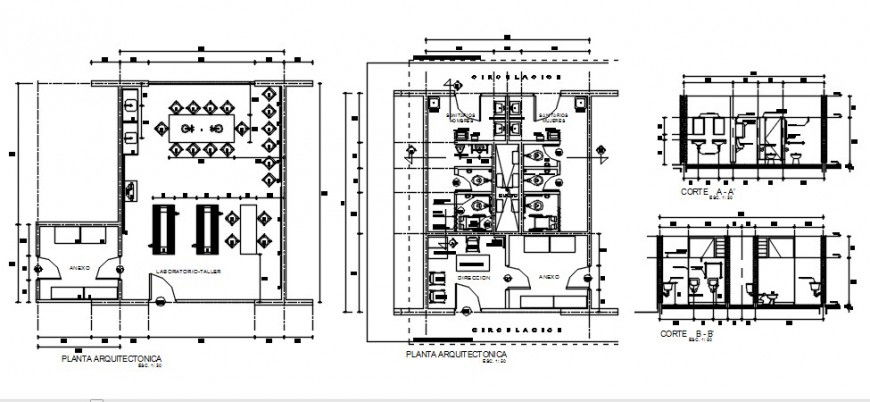 School sanitary facilities sections, plan and installation details dwg file