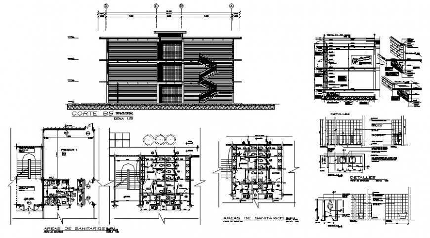 School toilets section, plan and sanitary installation cad drawing details dwg file