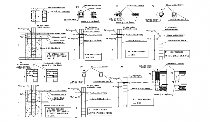 School walls section and constructive structure details with column dwg file
