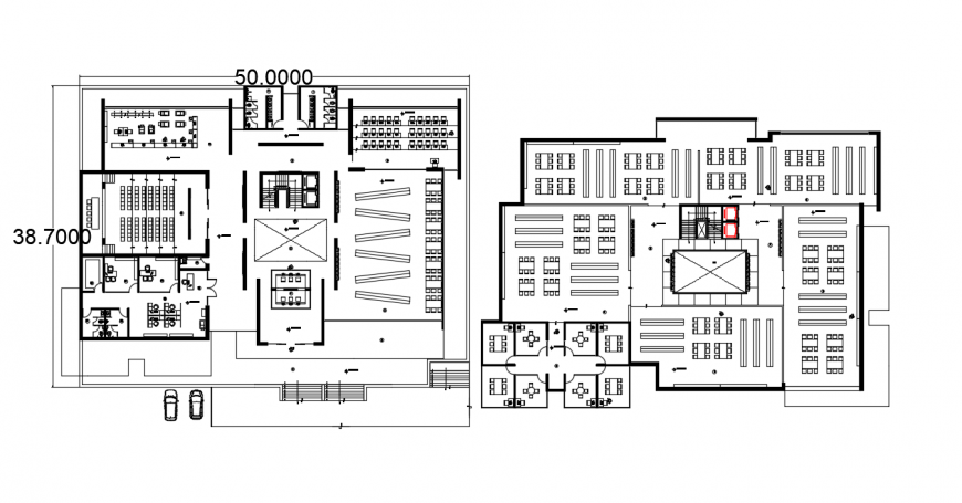 School with library floor plan distribution drawing details dwg file