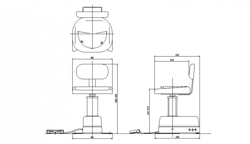 Scrolling chair plan, elevation and section detail dwg file