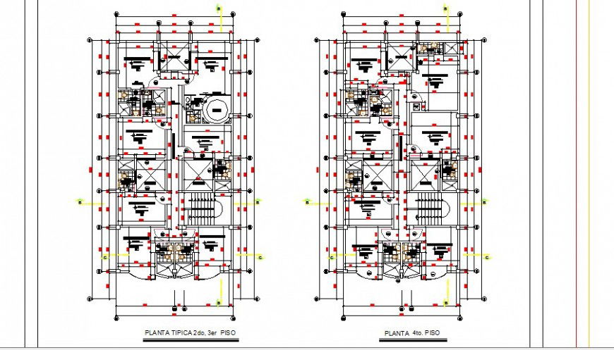 Second, third and fourth floor distribution plan details of multi-story hotel building dwg file