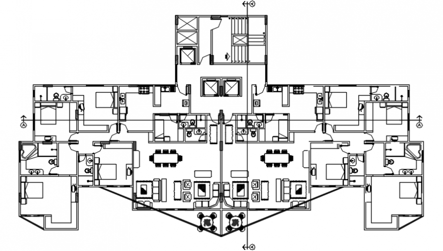 Second floor distribution plan details of apartment building dwg file