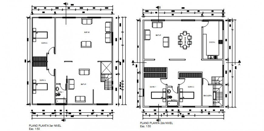 Second and third floor layout plan details of residential house dwg file