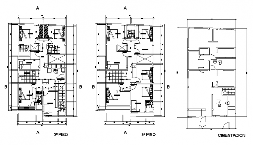 Second and third floor plan details of one family house dwg file