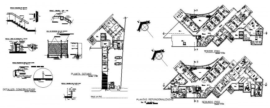 Second floor, third floor distribution, staircase and structure details of university dwg file