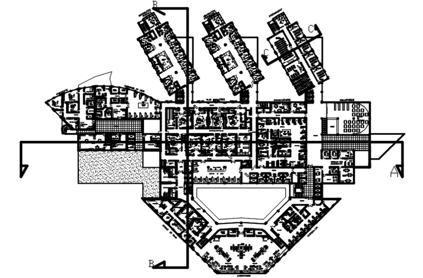 Second floor distribution layout plan details of multi-story hospital dwg file