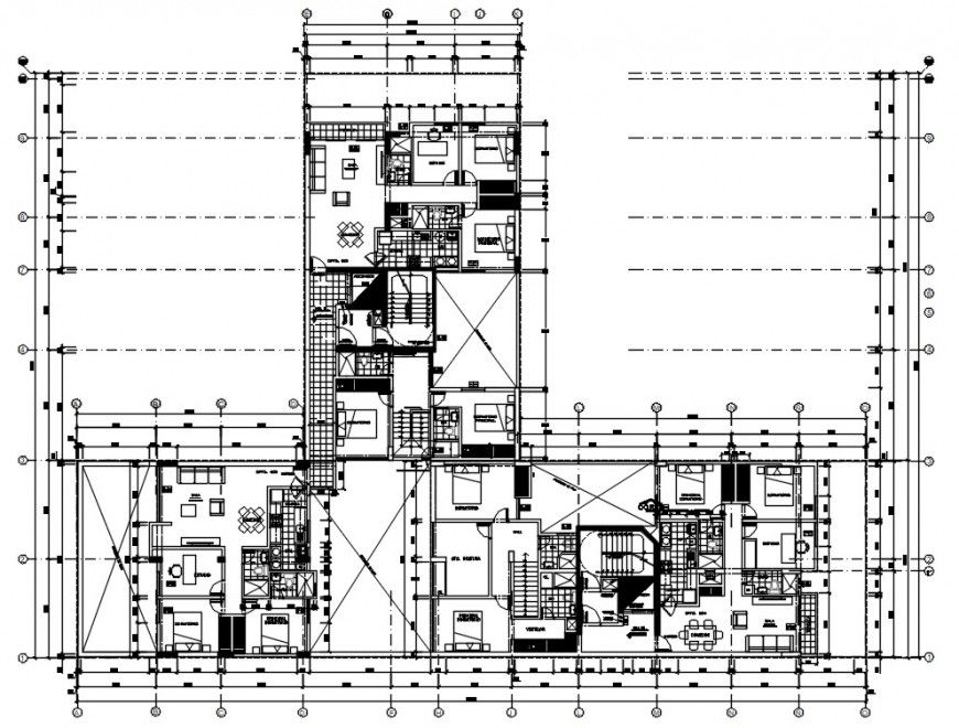 Second floor distribution plan details of apartment building dwg file