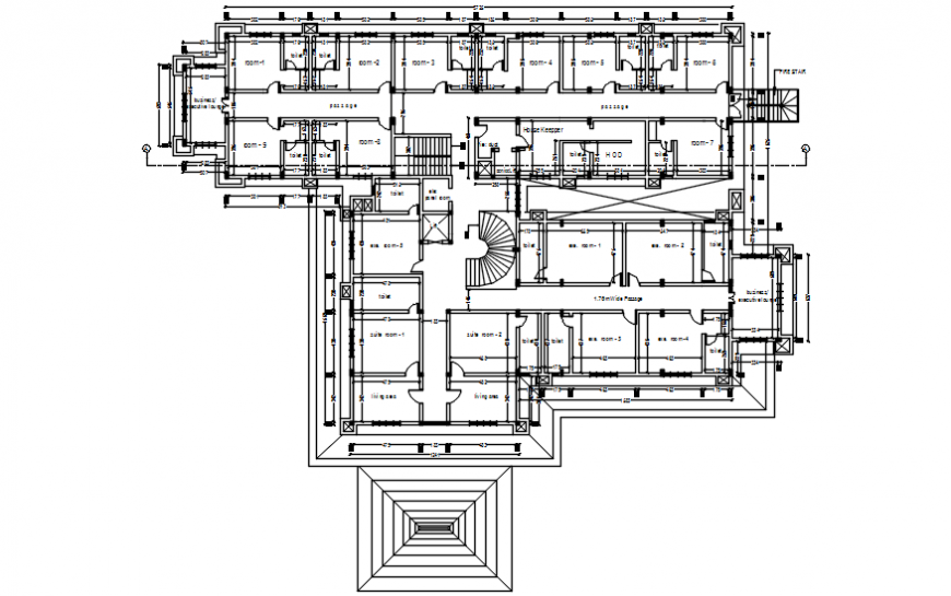 Second floor distribution plan details of hotel building dwg file