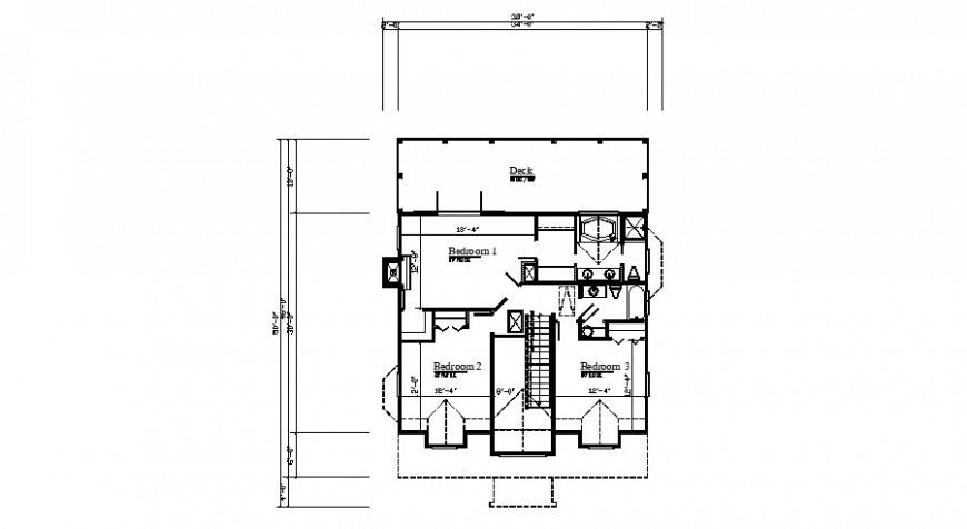 Second floor layout plan details of three bedroom house dwg file