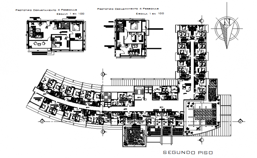 Second floor plan details of residential apartment building dwg file