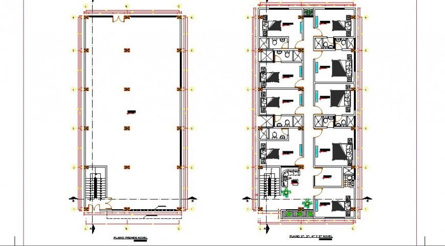 Second floor plan distribution details of luxurious hotel dwg file