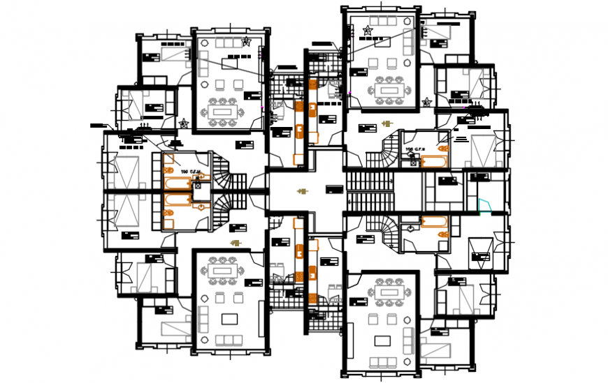 Second floor plan drawing details with sanitary of apartment villa dwg file