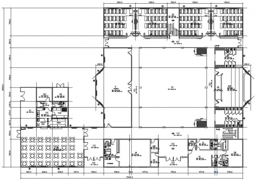 Secondary school distribution plan with furniture drawing details dwg file