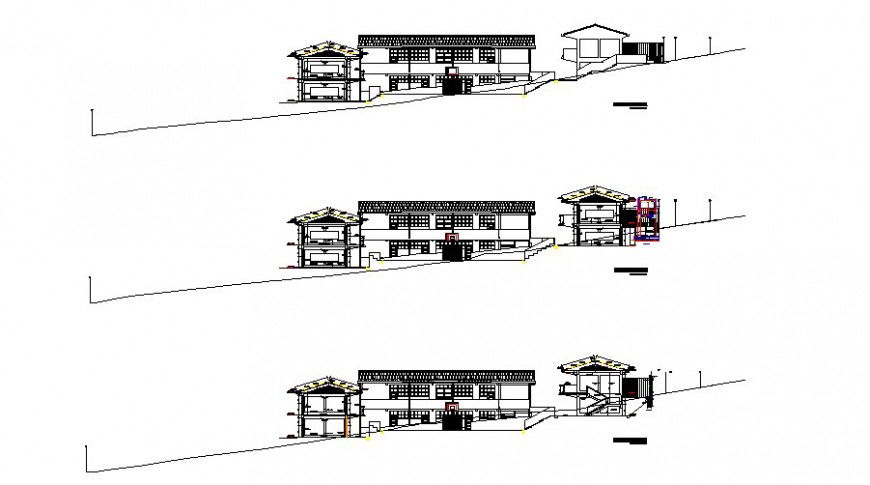 Secondary school education building elevation and sections in autocad