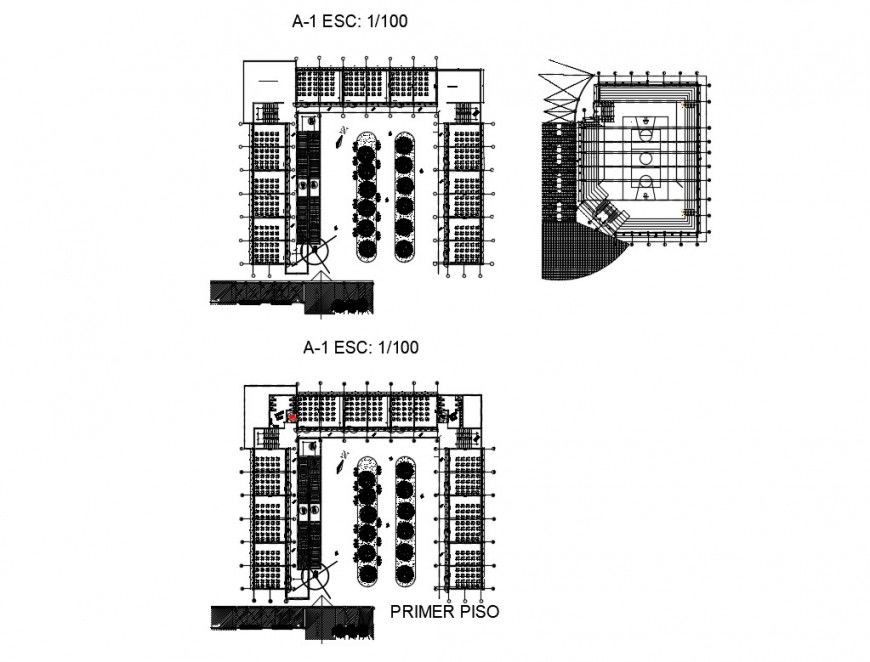 Secondary school ground and first floor plan details dwg file