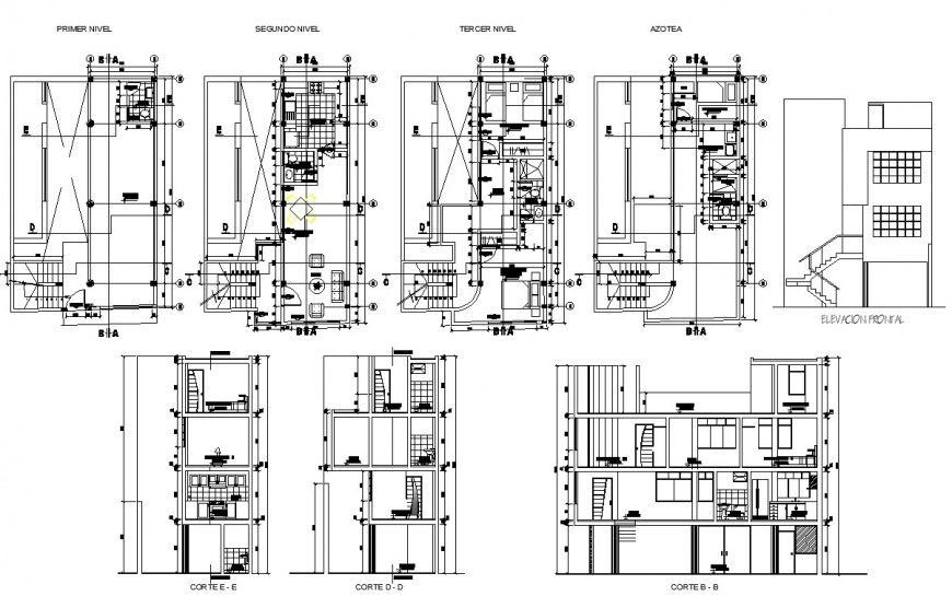 Section, elevation and plan detail of residential house 2d  view CAD structural block autocad file