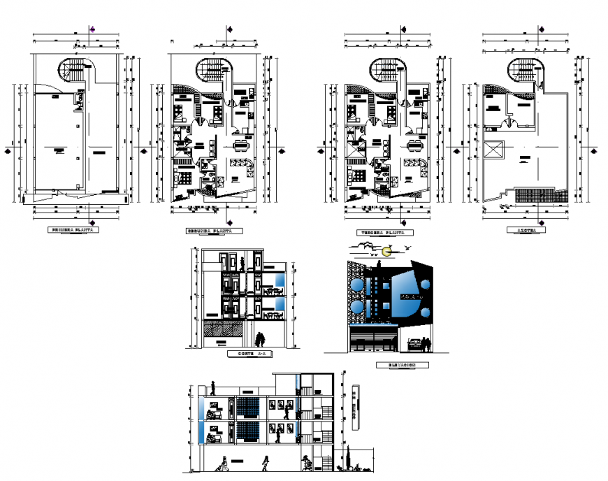Section, elevation and plan layout of house structure 2d view dwg file