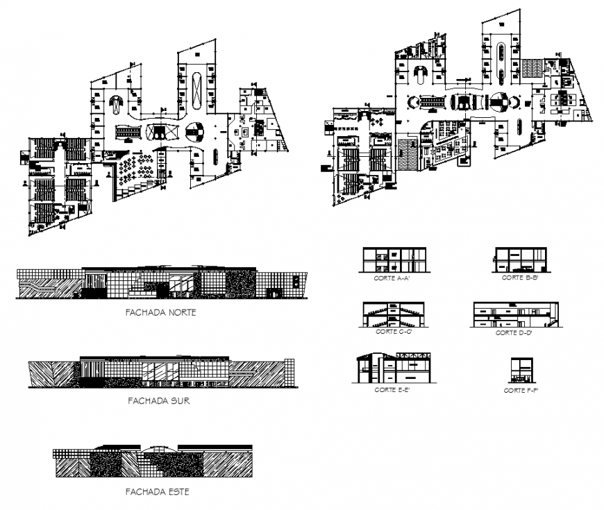 Section, elevation and plan of an office building layout autocad file
