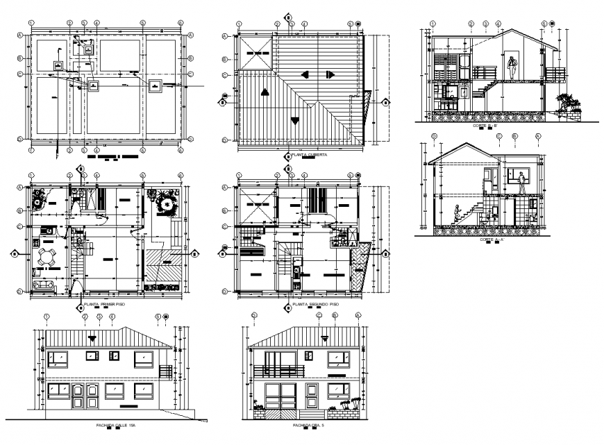 Section, elevation and plan of housing structure detail 2d view layout autocad file