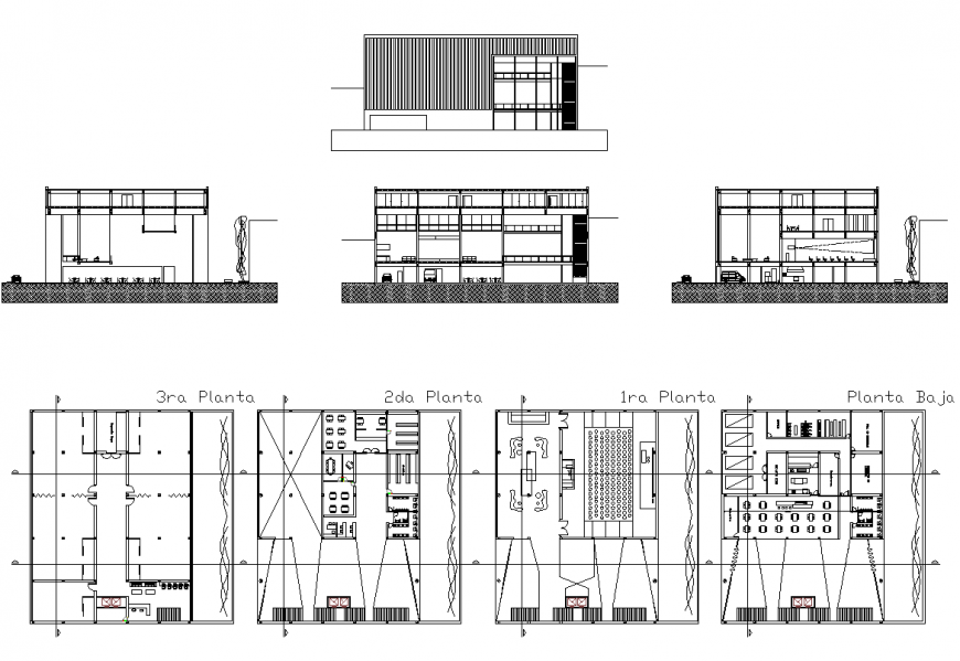 Section, elevation and plan of office building structure layout dwg file