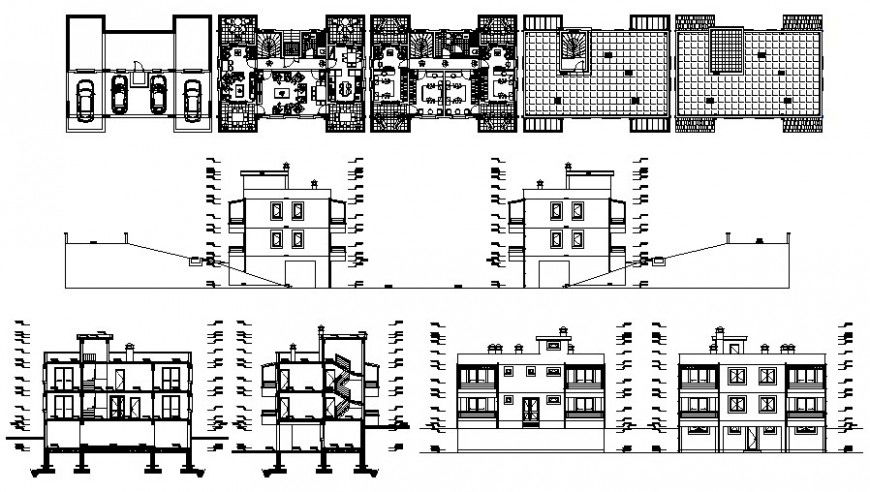 Section, elevation and plan of residential apartment detail 2d view dwg file