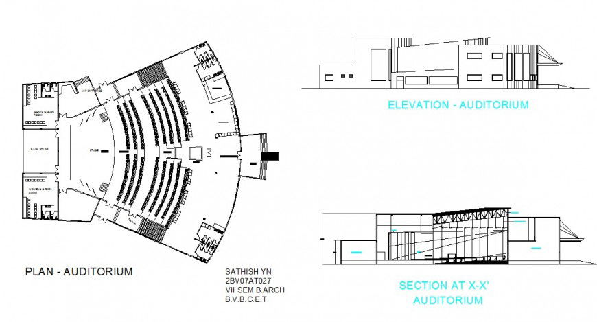 Section, plan and elevation of auditorium building 2d view layout file in autocad format
