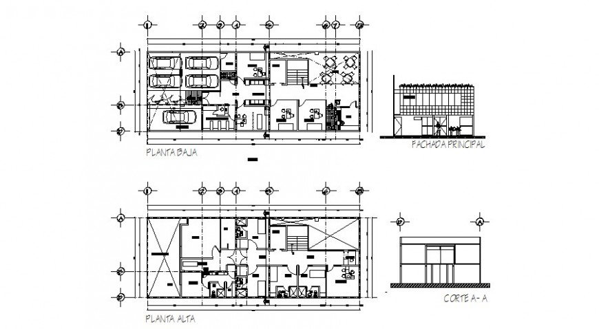 Section, elevation and plan of office building detail 2d view CAD block ...