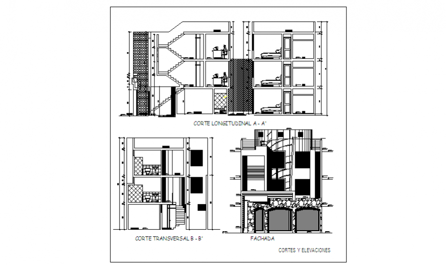 Section & elevation design drawing of family house design drawing
