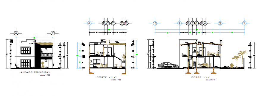Section & Elevation of Small house 2 floors project design drawing