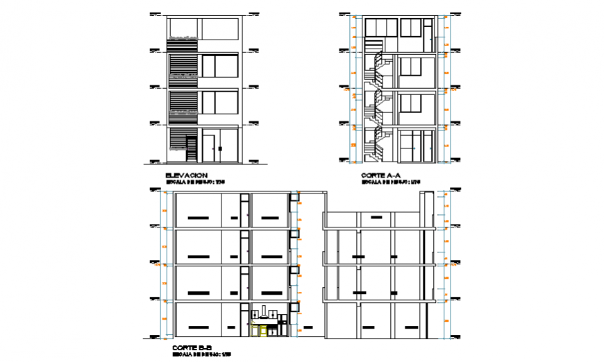 Section & Elevation of unifamiliary housing 3 floors design drawing