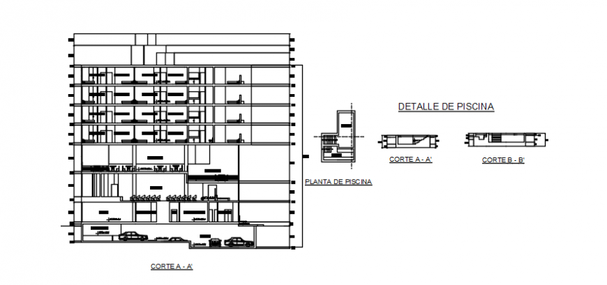 Section A-A with detail of hotel in auto cad