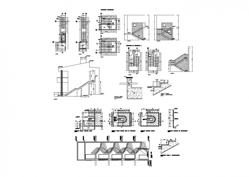 Section and constructive structure details of staircases of two story house dwg file