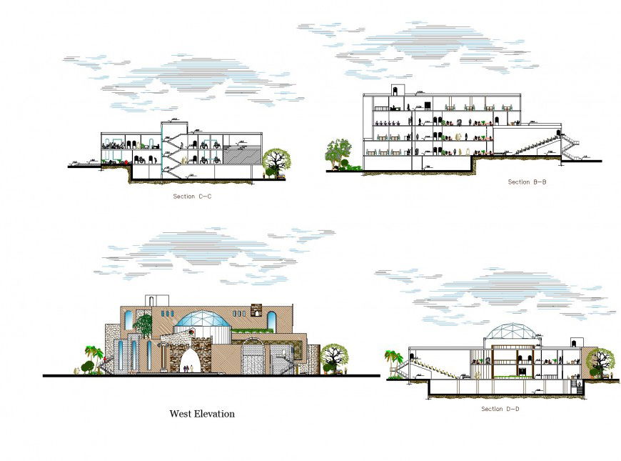 Section and elevation commercial business hub AutoCAD file