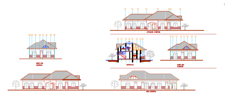 Section and elevation design of pent house design fro residence