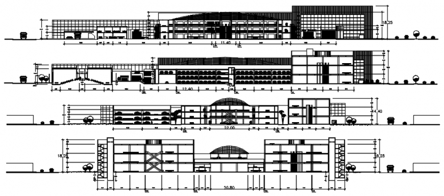 Section and elevation drawings details of commerce building units dwg file