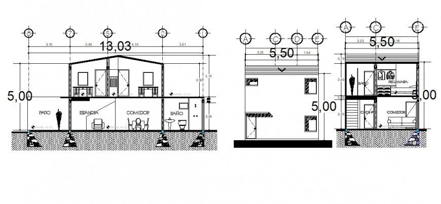 Section and elevation drawings of housing apartment 2d view dwg file