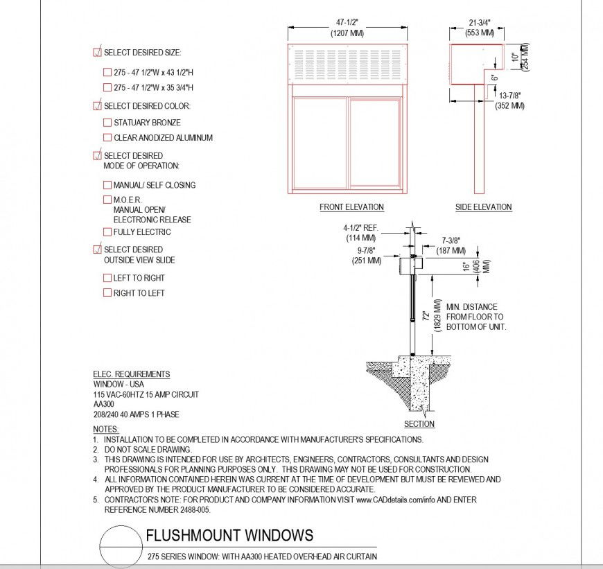 Section and elevation Flush mount window plan layout file