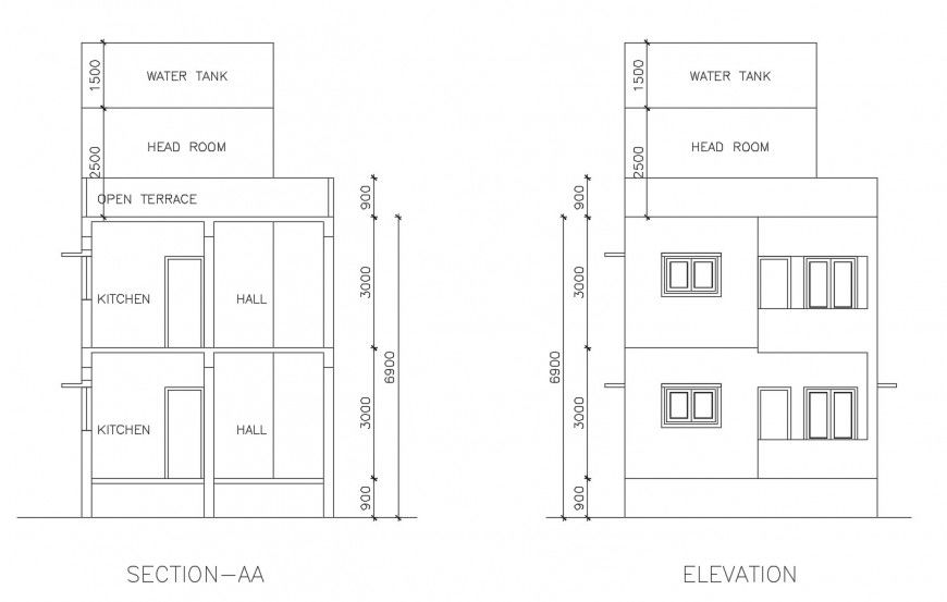 Section and elevation of house in auto cad software