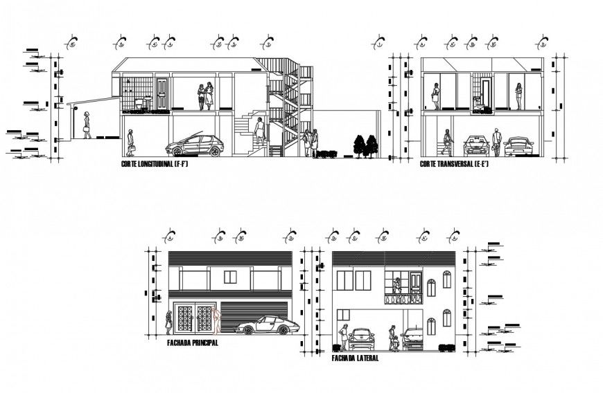 Section and elevation view of housing area in auto cad software